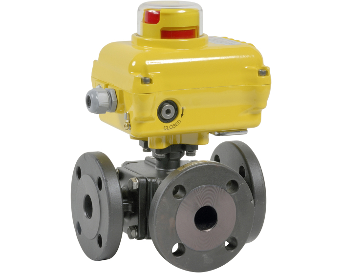 3 way carbon steel flanged ball valve 784-T DN25 + SA05 230V AC